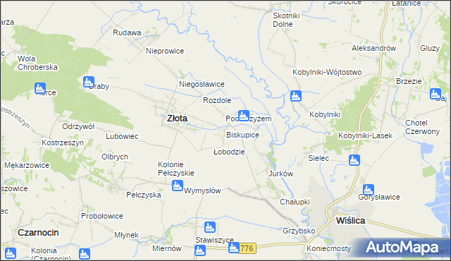 mapa Biskupice gmina Złota, Biskupice gmina Złota na mapie Targeo