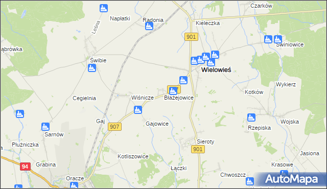 mapa Błażejowice gmina Wielowieś, Błażejowice gmina Wielowieś na mapie Targeo