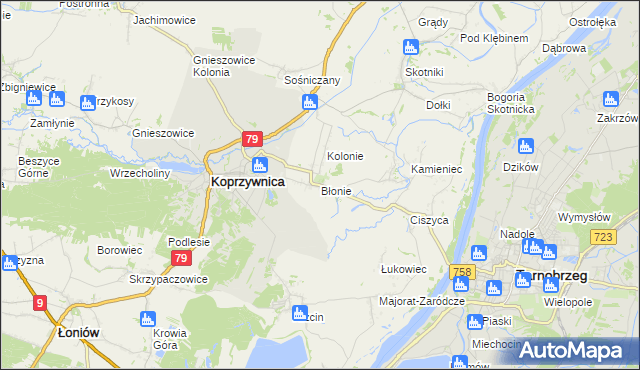 mapa Błonie gmina Koprzywnica, Błonie gmina Koprzywnica na mapie Targeo