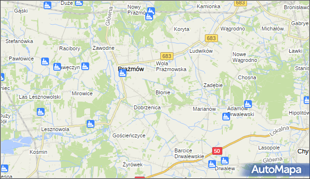 mapa Błonie gmina Prażmów, Błonie gmina Prażmów na mapie Targeo