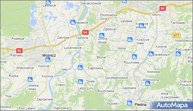 mapa Błonie gmina Tarnów, Błonie gmina Tarnów na mapie Targeo