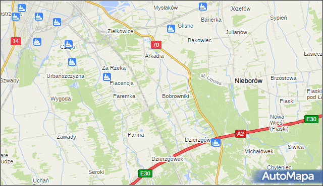 mapa Bobrowniki gmina Nieborów, Bobrowniki gmina Nieborów na mapie Targeo