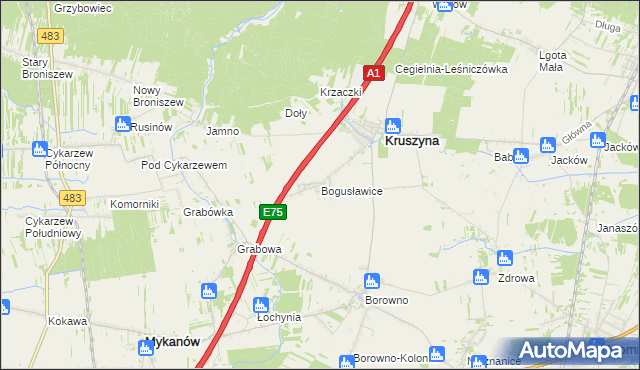 mapa Bogusławice gmina Kruszyna, Bogusławice gmina Kruszyna na mapie Targeo