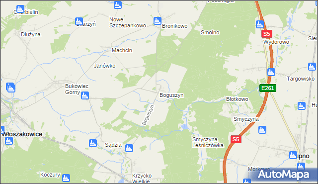 mapa Boguszyn gmina Włoszakowice, Boguszyn gmina Włoszakowice na mapie Targeo