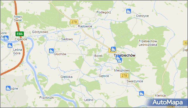 mapa Borek gmina Trzebiechów, Borek gmina Trzebiechów na mapie Targeo