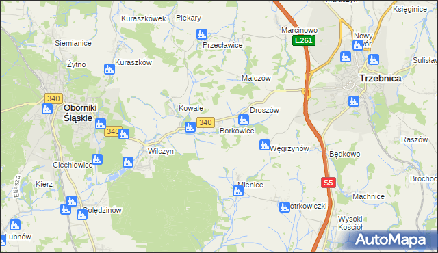 mapa Borkowice gmina Oborniki Śląskie, Borkowice gmina Oborniki Śląskie na mapie Targeo