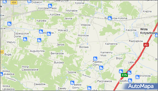 mapa Borowa gmina Wola Krzysztoporska, Borowa gmina Wola Krzysztoporska na mapie Targeo