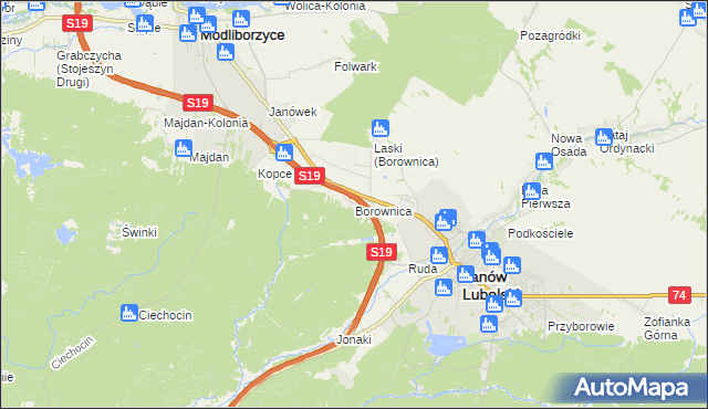 mapa Borownica gmina Janów Lubelski, Borownica gmina Janów Lubelski na mapie Targeo