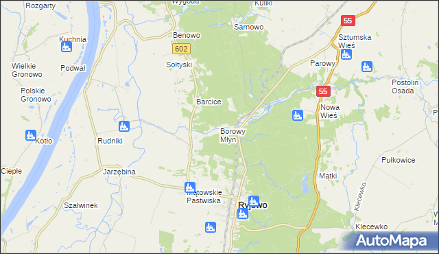 mapa Borowy Młyn gmina Ryjewo, Borowy Młyn gmina Ryjewo na mapie Targeo