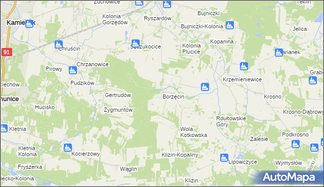 mapa Borzęcin gmina Gorzkowice, Borzęcin gmina Gorzkowice na mapie Targeo