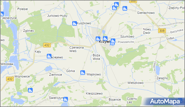 mapa Boża Wola gmina Krzywiń, Boża Wola gmina Krzywiń na mapie Targeo