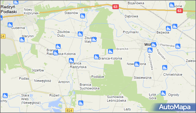 mapa Branica-Kolonia gmina Wohyń, Branica-Kolonia gmina Wohyń na mapie Targeo