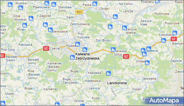 mapa Brody gmina Kalwaria Zebrzydowska, Brody gmina Kalwaria Zebrzydowska na mapie Targeo