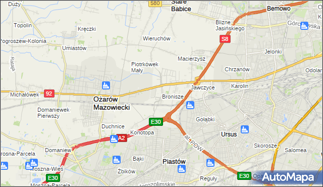 mapa Bronisze gmina Ożarów Mazowiecki, Bronisze gmina Ożarów Mazowiecki na mapie Targeo