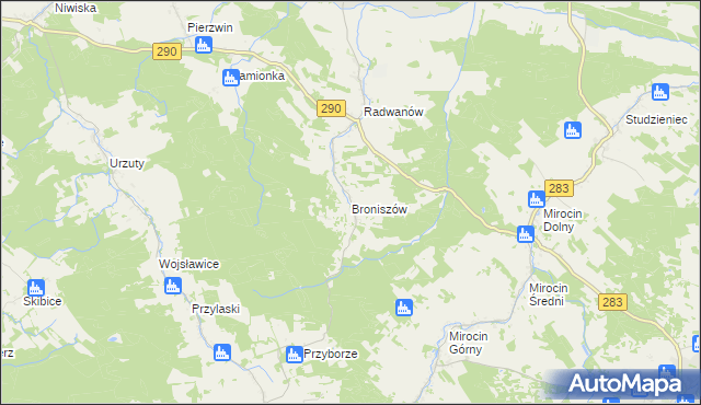 mapa Broniszów gmina Kożuchów, Broniszów gmina Kożuchów na mapie Targeo