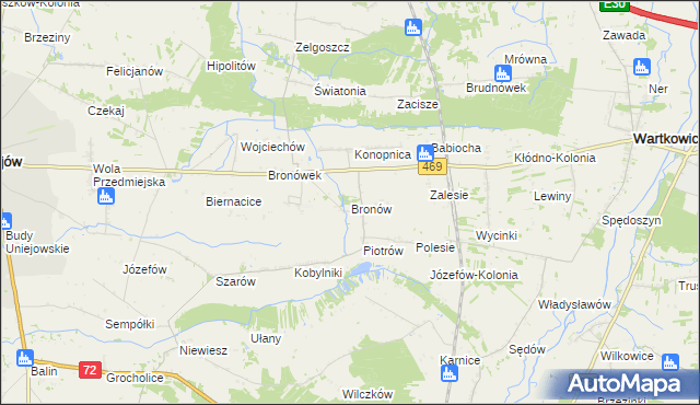 mapa Bronów gmina Wartkowice, Bronów gmina Wartkowice na mapie Targeo