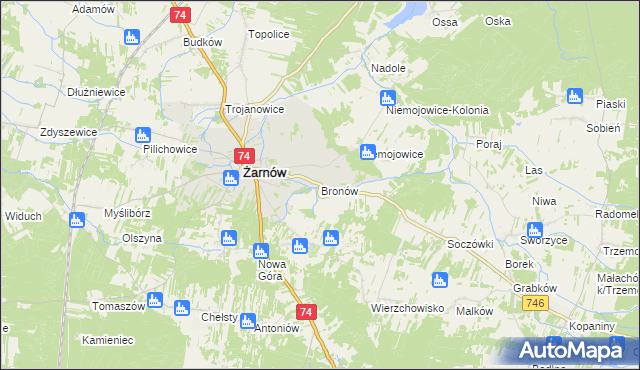 mapa Bronów gmina Żarnów, Bronów gmina Żarnów na mapie Targeo