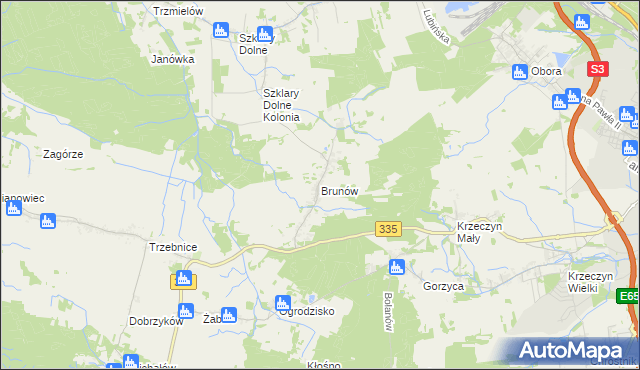 mapa Brunów gmina Chocianów, Brunów gmina Chocianów na mapie Targeo