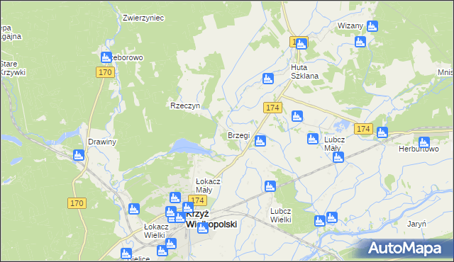 mapa Brzegi gmina Krzyż Wielkopolski, Brzegi gmina Krzyż Wielkopolski na mapie Targeo