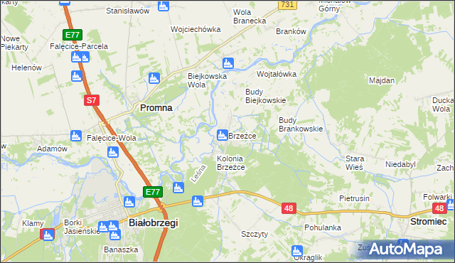 mapa Brzeźce gmina Białobrzegi, Brzeźce gmina Białobrzegi na mapie Targeo