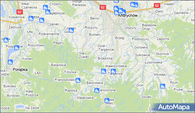 mapa Brzezinka gmina Andrychów, Brzezinka gmina Andrychów na mapie Targeo