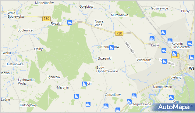 mapa Brzezinki gmina Warka, Brzezinki gmina Warka na mapie Targeo