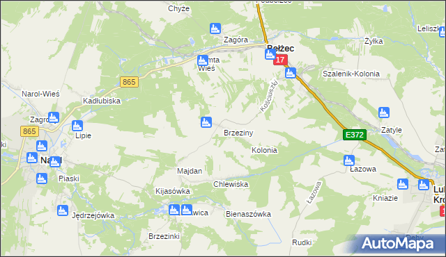 mapa Brzeziny gmina Bełżec, Brzeziny gmina Bełżec na mapie Targeo