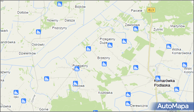 mapa Brzeziny gmina Komarówka Podlaska, Brzeziny gmina Komarówka Podlaska na mapie Targeo