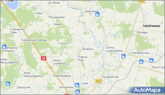 mapa Brzeziny gmina Lubartów, Brzeziny gmina Lubartów na mapie Targeo