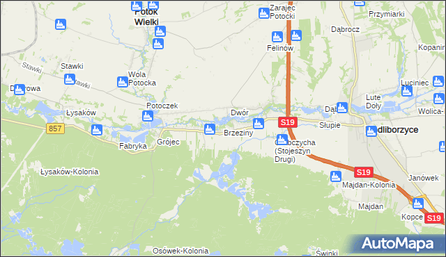 mapa Brzeziny gmina Modliborzyce, Brzeziny gmina Modliborzyce na mapie Targeo