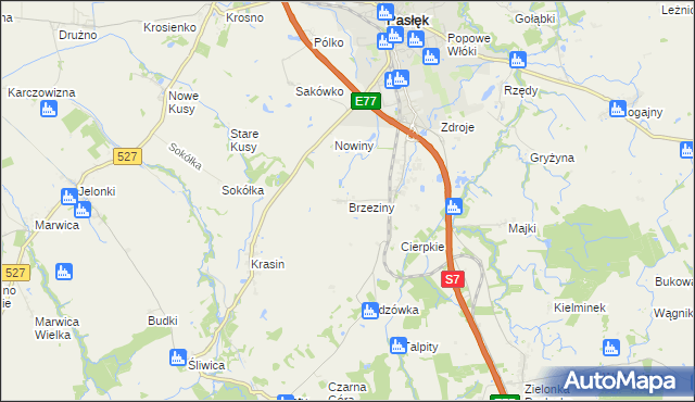 mapa Brzeziny gmina Pasłęk, Brzeziny gmina Pasłęk na mapie Targeo