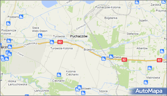 mapa Brzeziny gmina Puchaczów, Brzeziny gmina Puchaczów na mapie Targeo