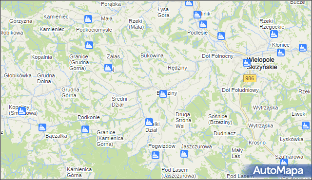 mapa Brzeziny gmina Wielopole Skrzyńskie, Brzeziny gmina Wielopole Skrzyńskie na mapie Targeo