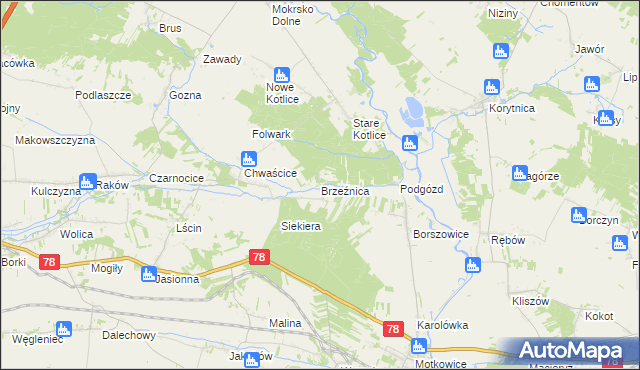 mapa Brzeźnica gmina Jędrzejów, Brzeźnica gmina Jędrzejów na mapie Targeo