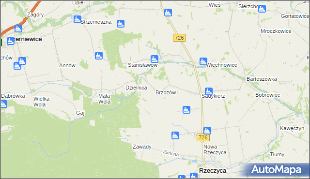 mapa Brzozów gmina Rzeczyca, Brzozów gmina Rzeczyca na mapie Targeo