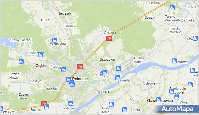 mapa Brzozowa gmina Połaniec, Brzozowa gmina Połaniec na mapie Targeo