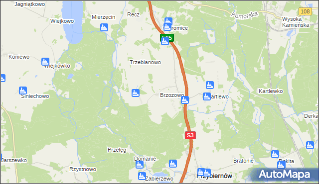 mapa Brzozowo gmina Przybiernów, Brzozowo gmina Przybiernów na mapie Targeo