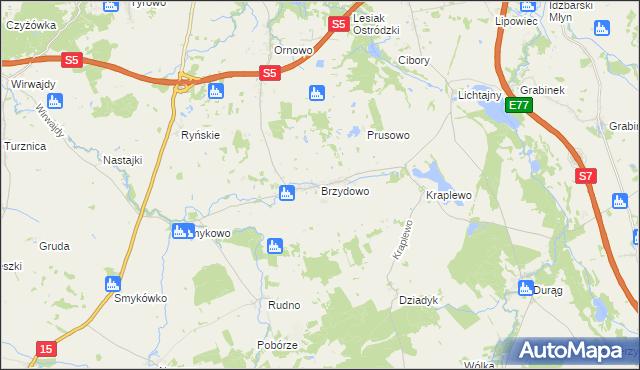 mapa Brzydowo gmina Ostróda, Brzydowo gmina Ostróda na mapie Targeo