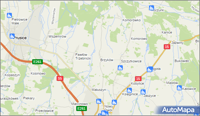 mapa Brzyków gmina Trzebnica, Brzyków gmina Trzebnica na mapie Targeo