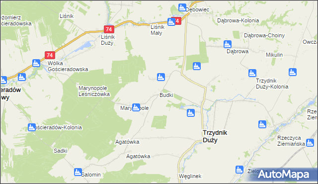 mapa Budki gmina Trzydnik Duży, Budki gmina Trzydnik Duży na mapie Targeo