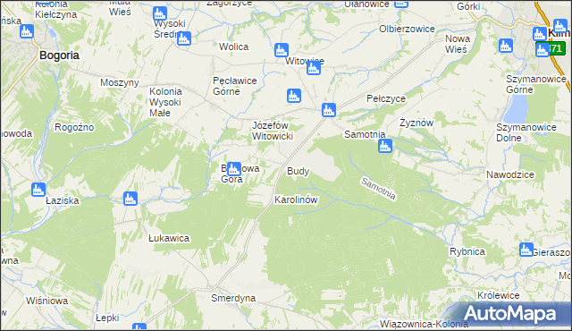 mapa Budy gmina Bogoria, Budy gmina Bogoria na mapie Targeo