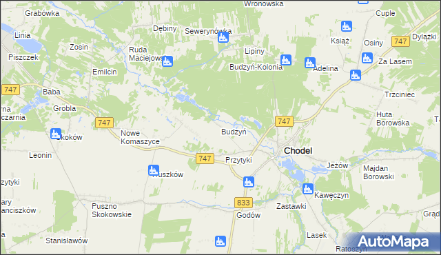 mapa Budzyń gmina Chodel, Budzyń gmina Chodel na mapie Targeo