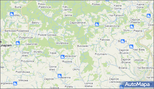 mapa Bukowiec gmina Korzenna, Bukowiec gmina Korzenna na mapie Targeo