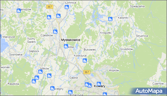 mapa Bukowiec gmina Mysłakowice, Bukowiec gmina Mysłakowice na mapie Targeo