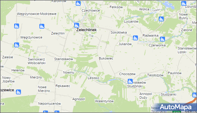 mapa Bukowiec gmina Żelechlinek, Bukowiec gmina Żelechlinek na mapie Targeo