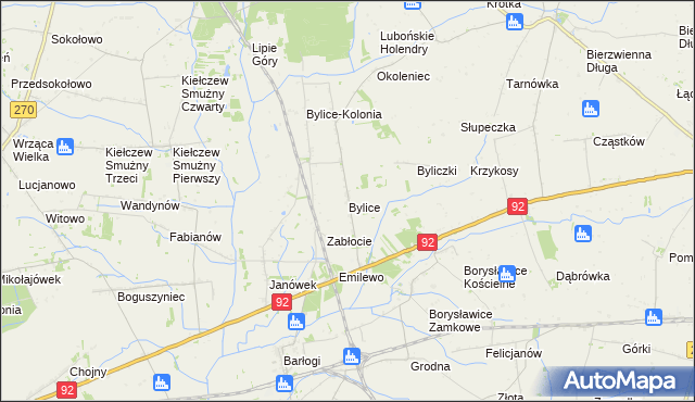 mapa Bylice gmina Grzegorzew, Bylice gmina Grzegorzew na mapie Targeo