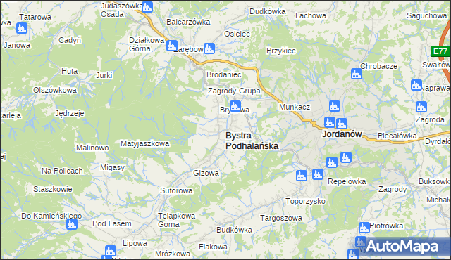 mapa Bystra Podhalańska, Bystra Podhalańska na mapie Targeo
