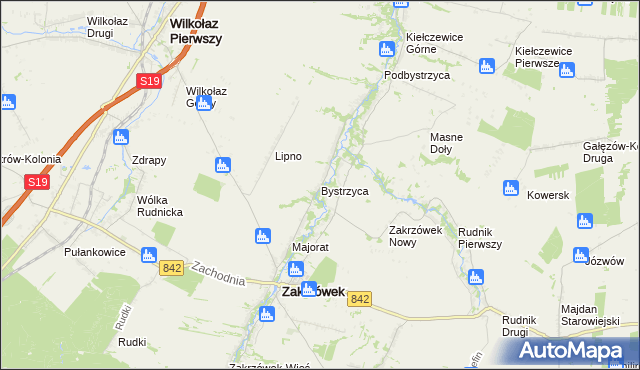 mapa Bystrzyca gmina Zakrzówek, Bystrzyca gmina Zakrzówek na mapie Targeo