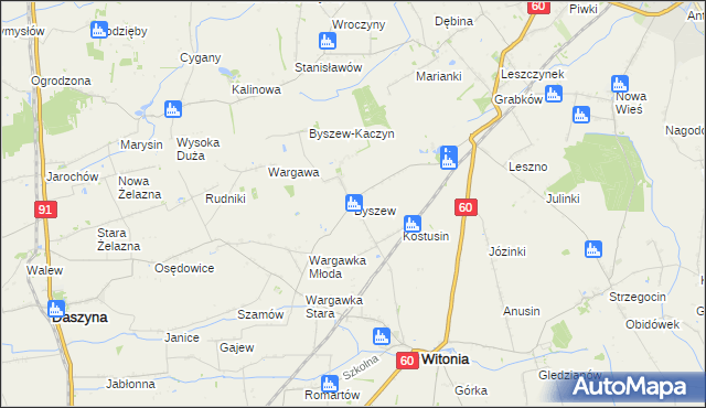 mapa Byszew gmina Kutno, Byszew gmina Kutno na mapie Targeo