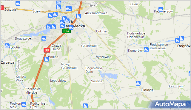 mapa Byszewice gmina Rawa Mazowiecka, Byszewice gmina Rawa Mazowiecka na mapie Targeo